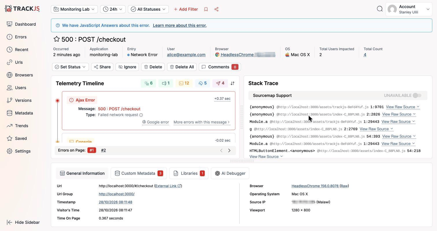 TrackJS browser error with the telemetry timeline