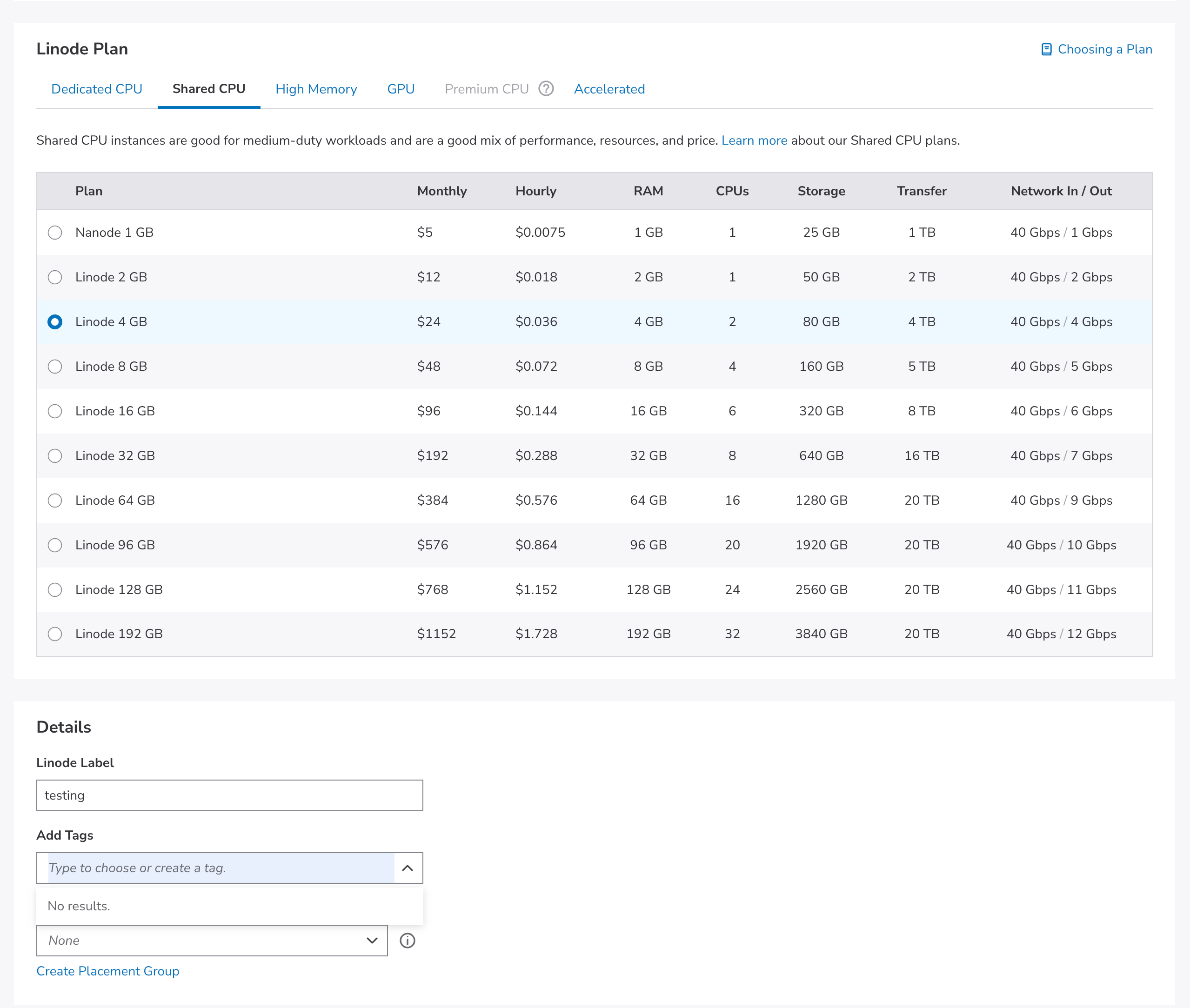 Linode Plan section showing the Shared CPU tab selected with plan cards for Nanode 1 GB ($5/mo), Linode 2 GB ($12/mo), and Linode 4 GB ($24/mo) highlighted as selected with a checkmark