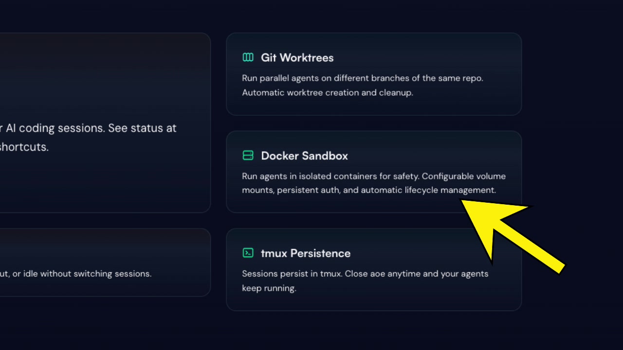 Website feature list for "Docker Sandbox" explaining that it runs agents in isolated containers for safety