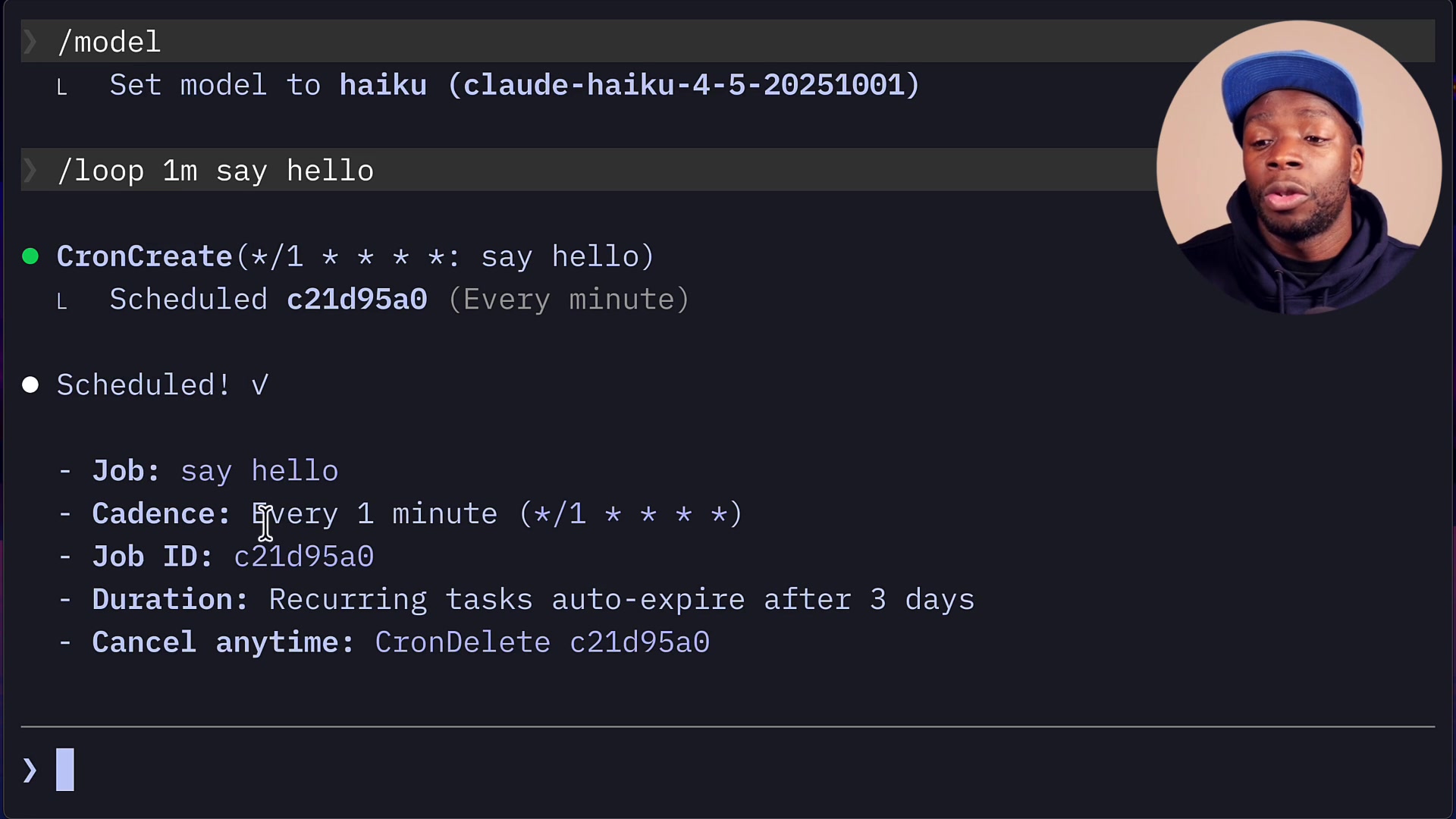 Detailed confirmation output after scheduling a task showing the Job name, Cadence, Job ID, and Duration