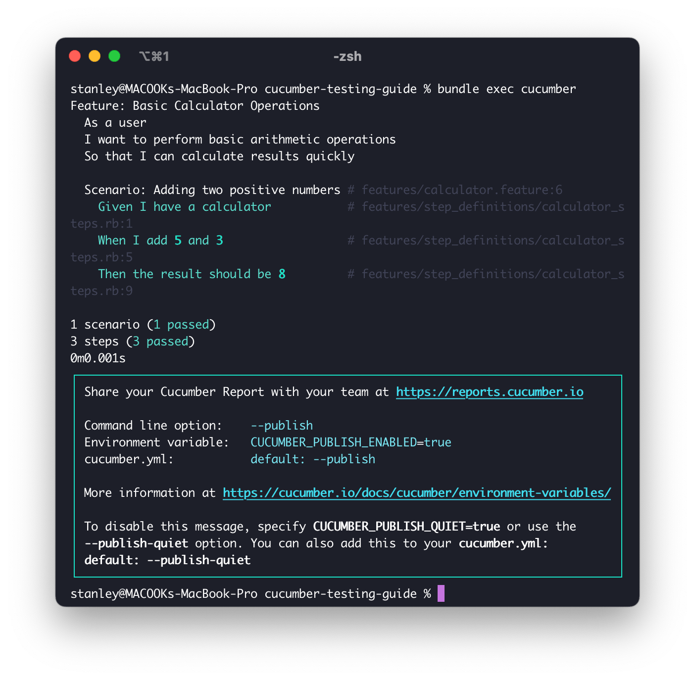 Screenshot showing Cucumber's colorized terminal output with green text for passing scenarios