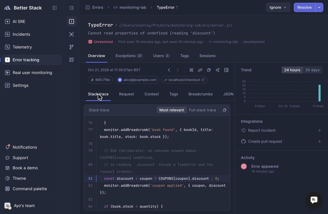 Better Stack coupon error with the source line highlighted