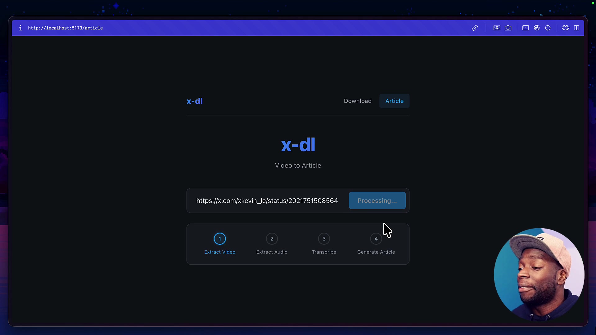 The web UI shows the four stages of article generation, with checkmarks appearing as each stage is completed.