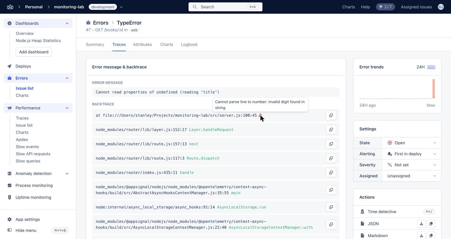 AppSignal backend backtrace with a parse warning on the app frame