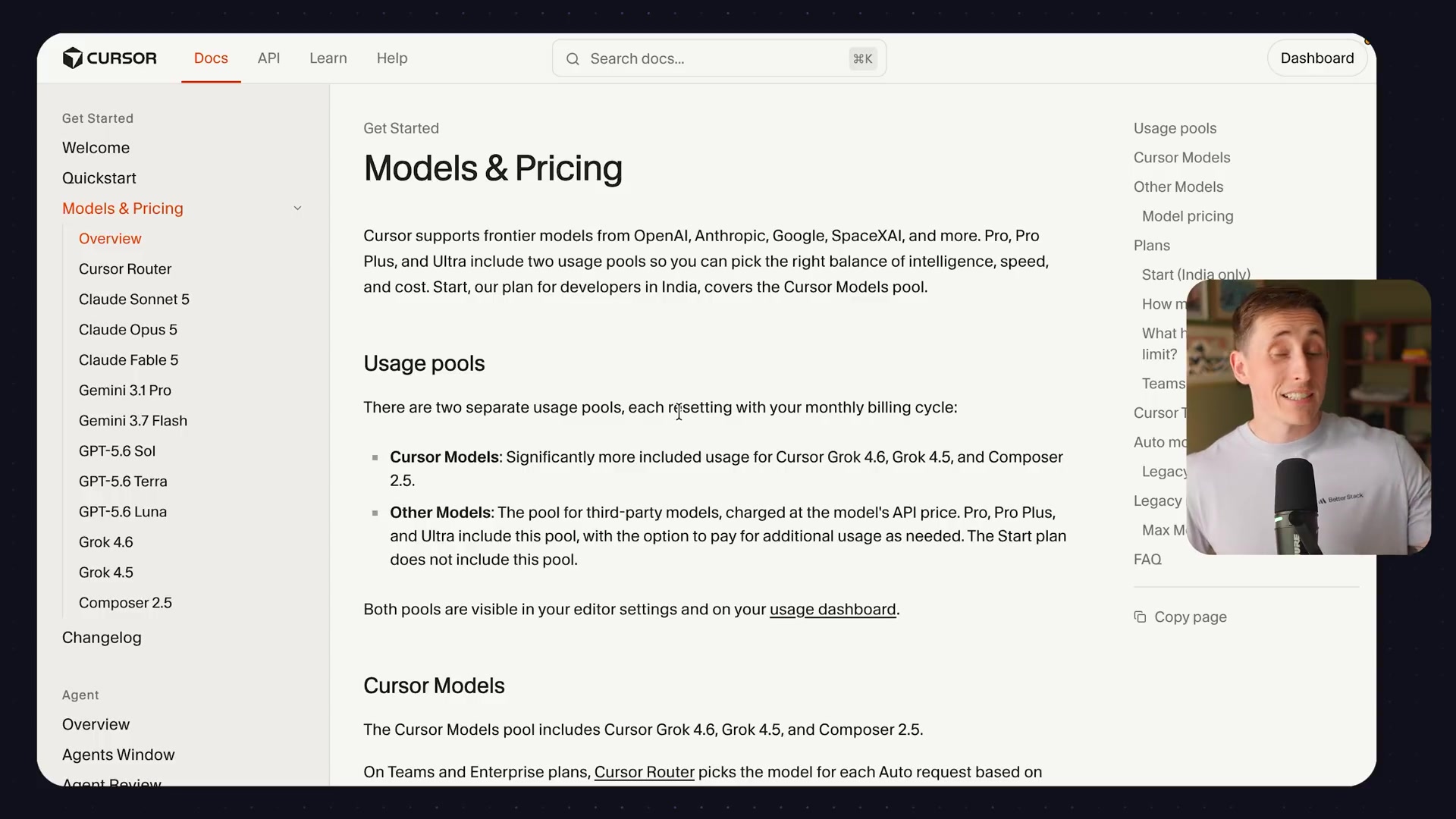 The Cursor documentation page for "Models & Pricing," explaining the different usage pools available to developers.