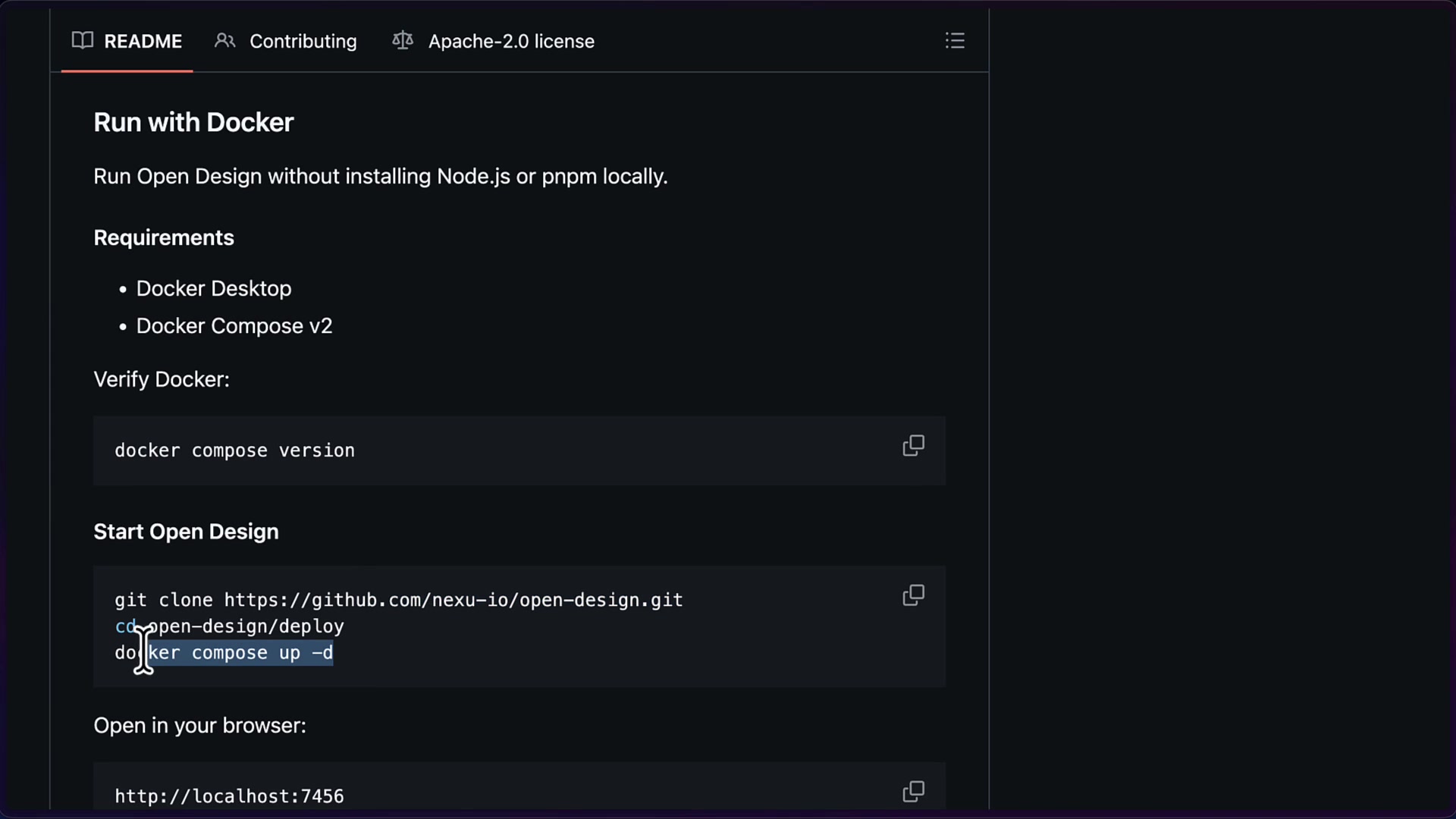 README file showing the command-line steps for Docker and source installation methods