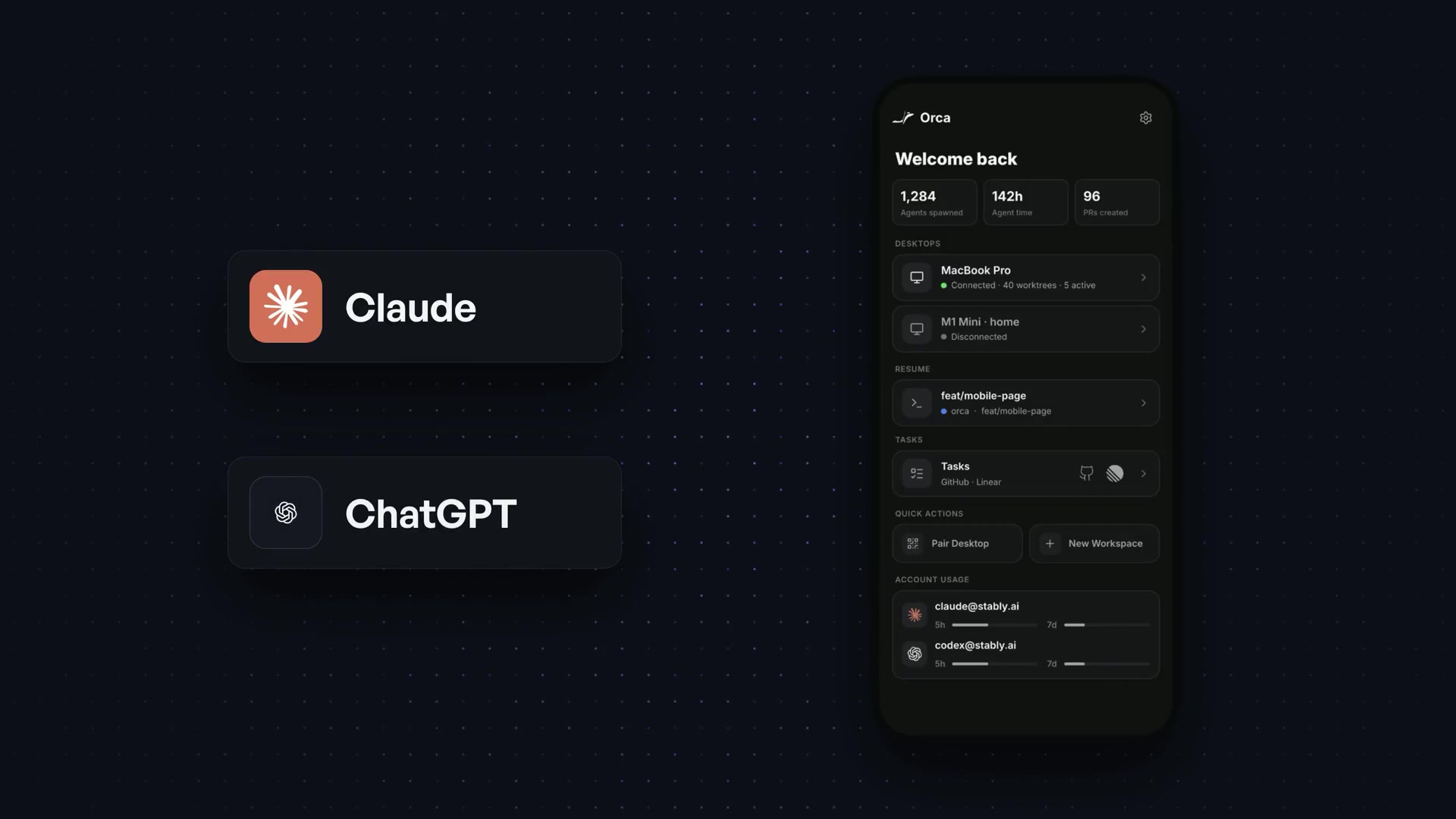 A split-screen showing the Claude and ChatGPT app icons next to the unified Orca mobile app interface.