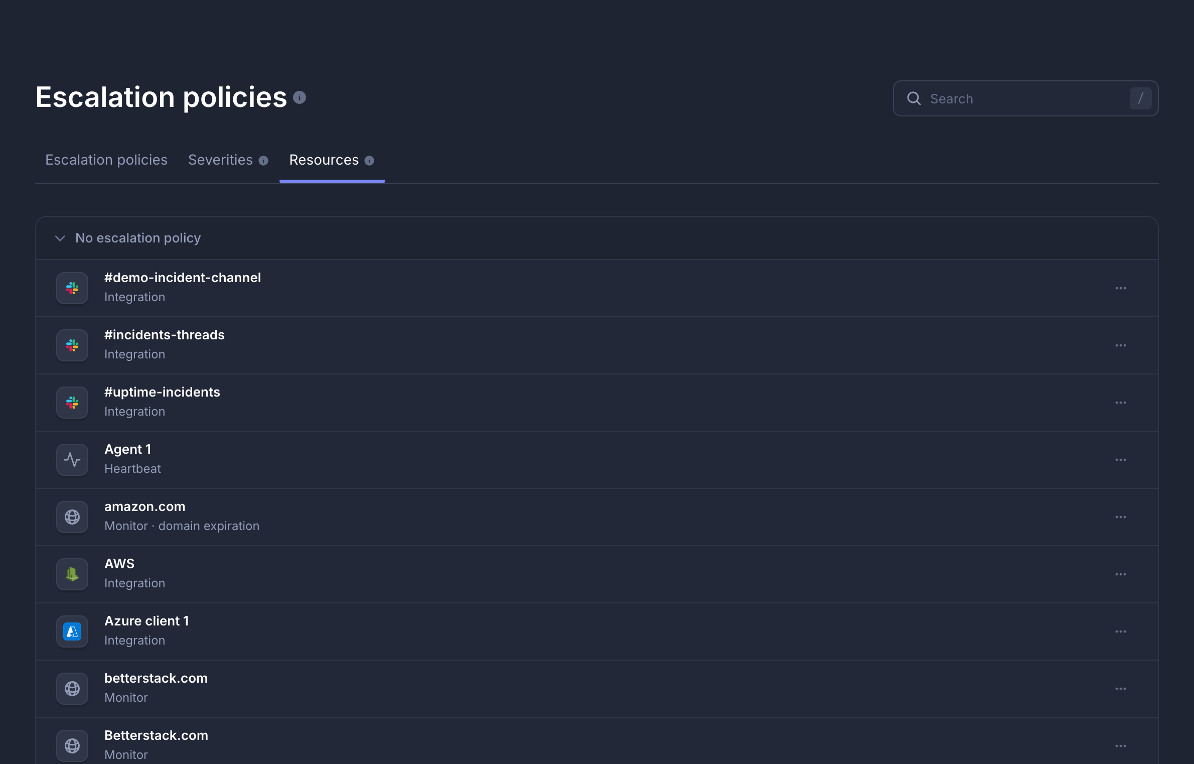 Resources tab showing which integrations and resources use each escalation policy