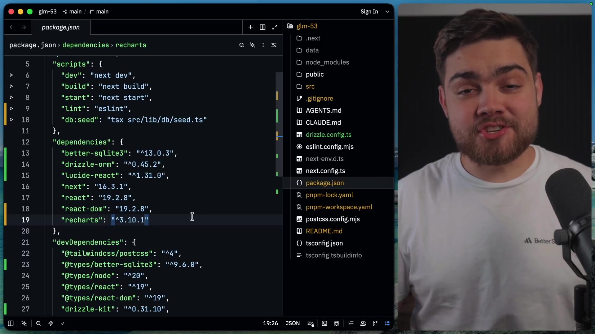A view of the `package.json` file generated by GLM-5.3, showing dependencies that are identical to Ox Alpha's, including Next.js, Drizzle ORM, and better-sqlite3.