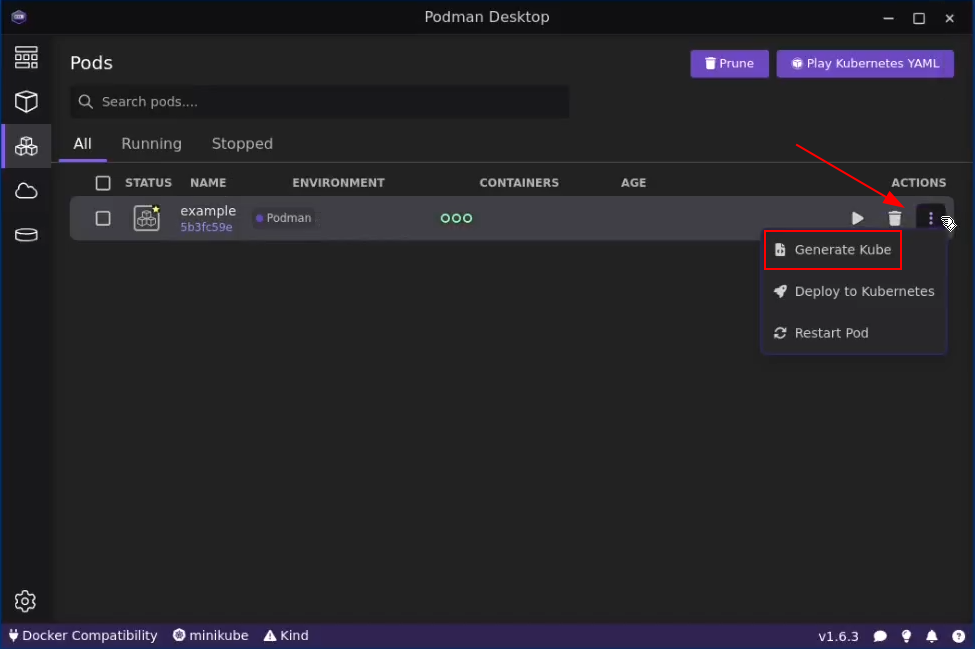Podman Desktop generate kube action