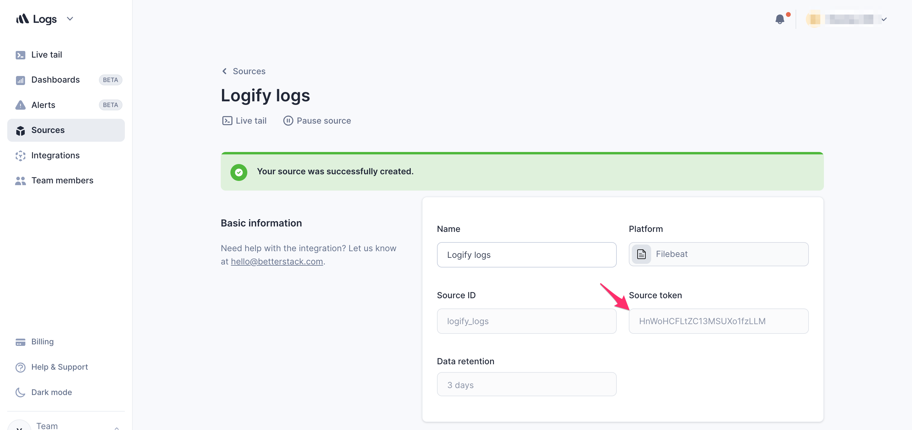 Screenshot showing an arrow pointing at the "Source Token" field