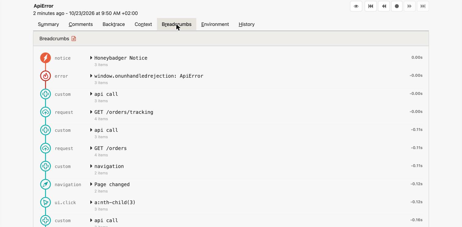 Honeybadger browser breadcrumbs before an error