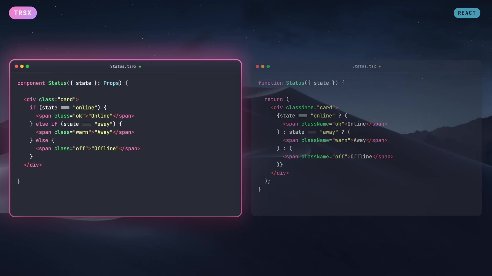 Side-by-side comparison showing the cleaner if/else structure of TSRX versus the nested ternary in React