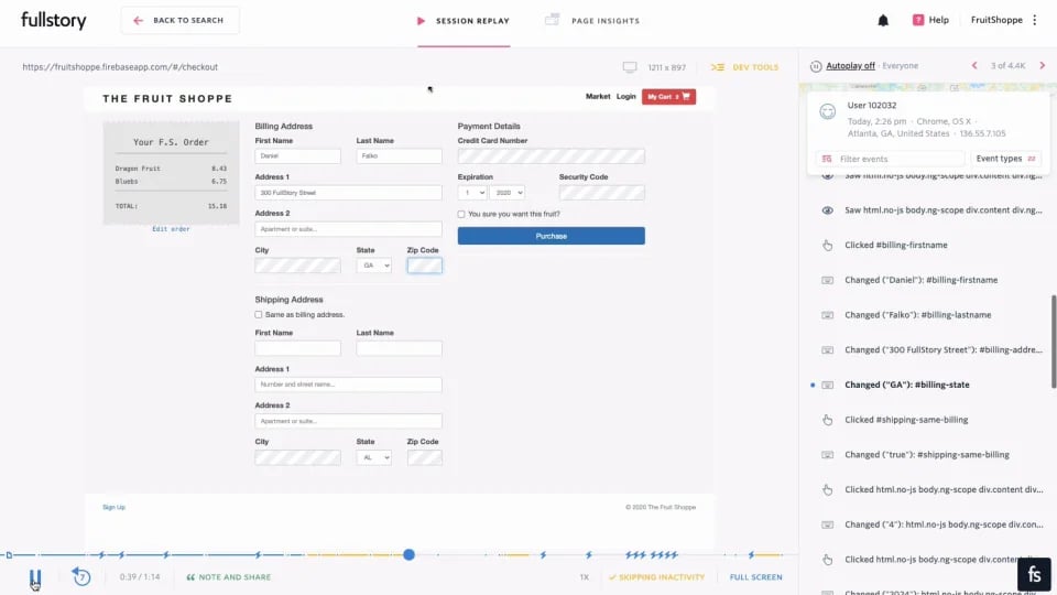 Fullstory session replay screenshot
