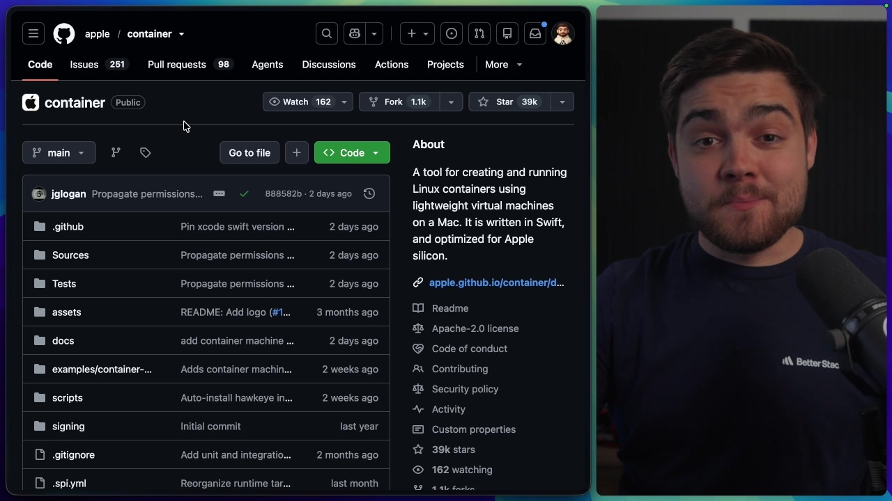 The Apple container GitHub repository page, showing the releases section where the tool can be downloaded.