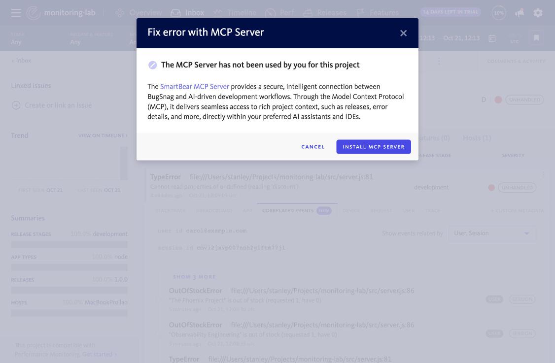 BugSnag Fix with MCP dialog