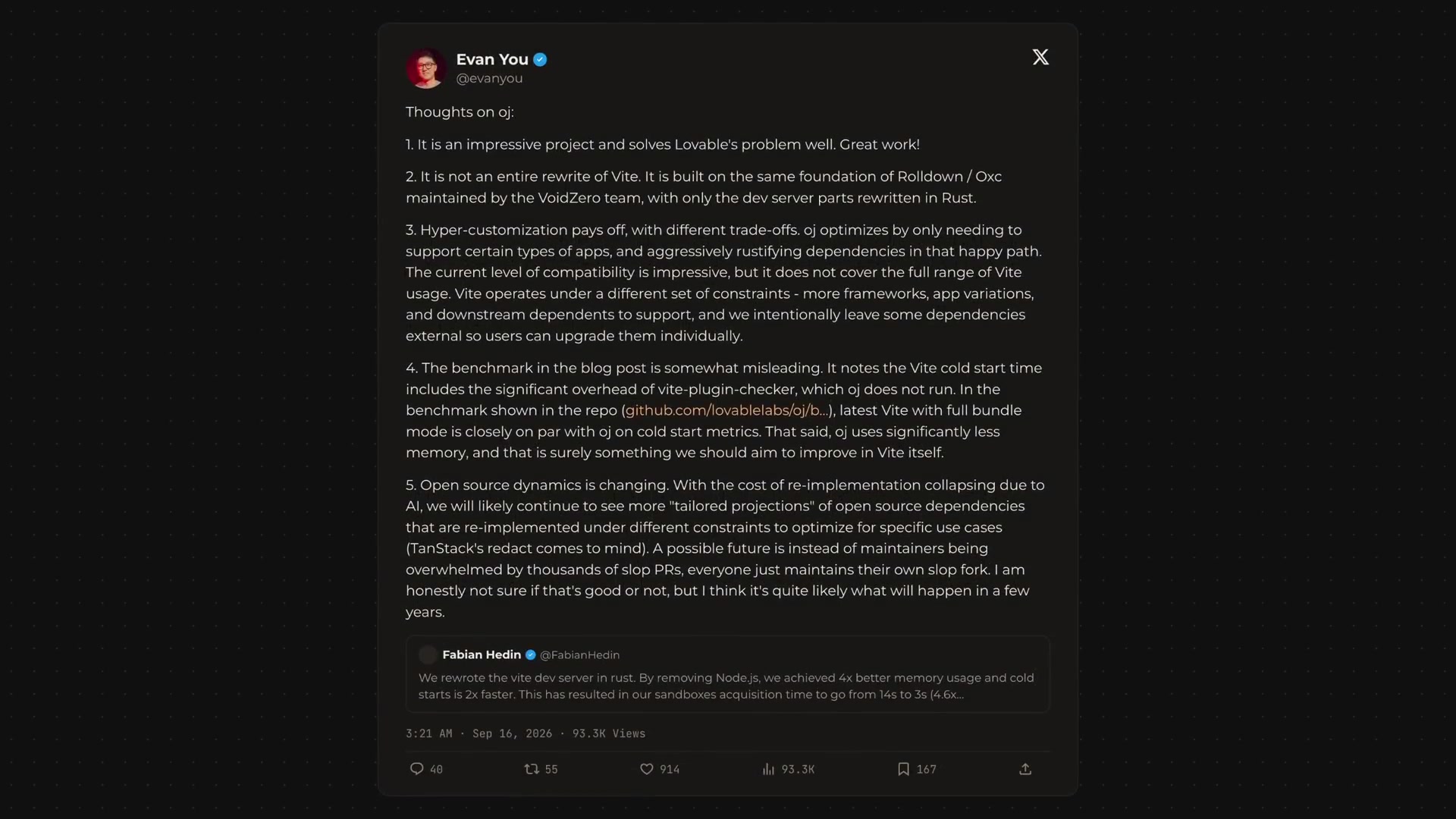A screenshot of the full, multi-point tweet from Evan You (@youyuxi) titled "Thoughts on oj."