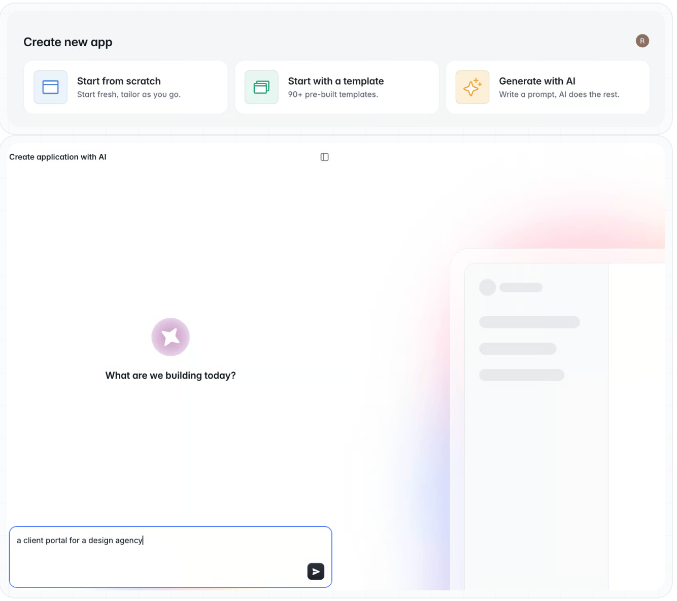 Screenshot of Softr options on creating apps