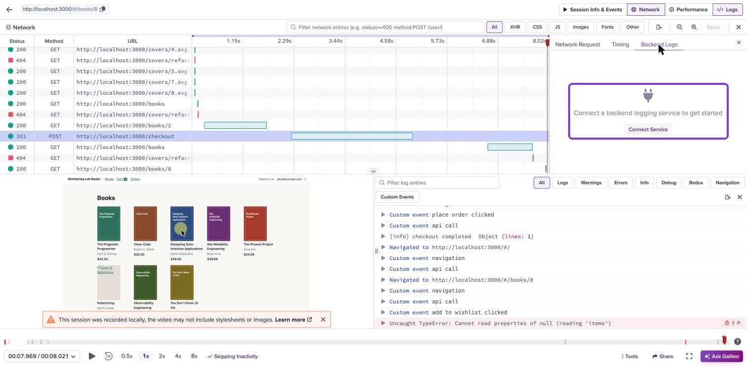 LogRocket Backend Logs tab asking to connect a logging service