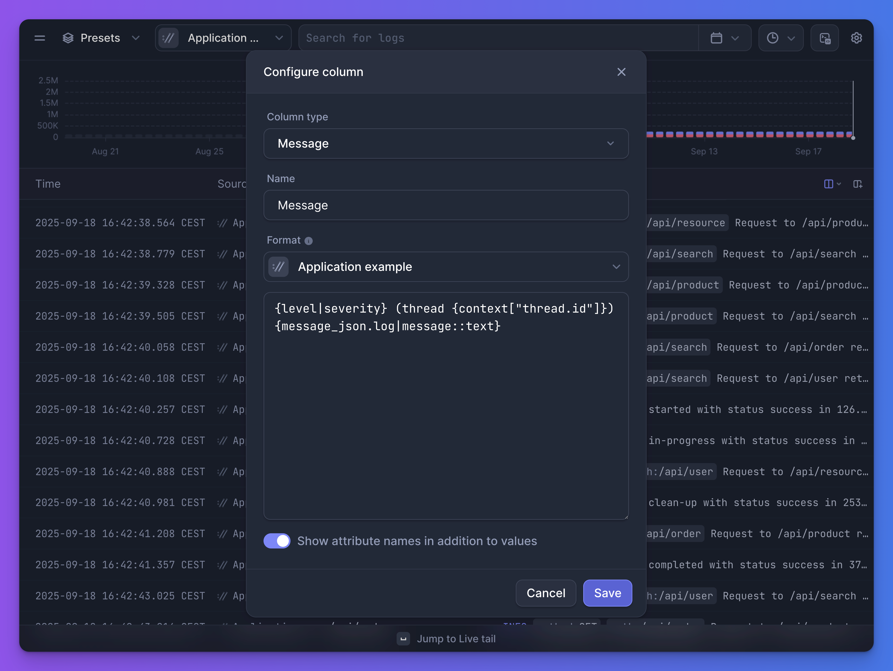 Example of Live tail message format