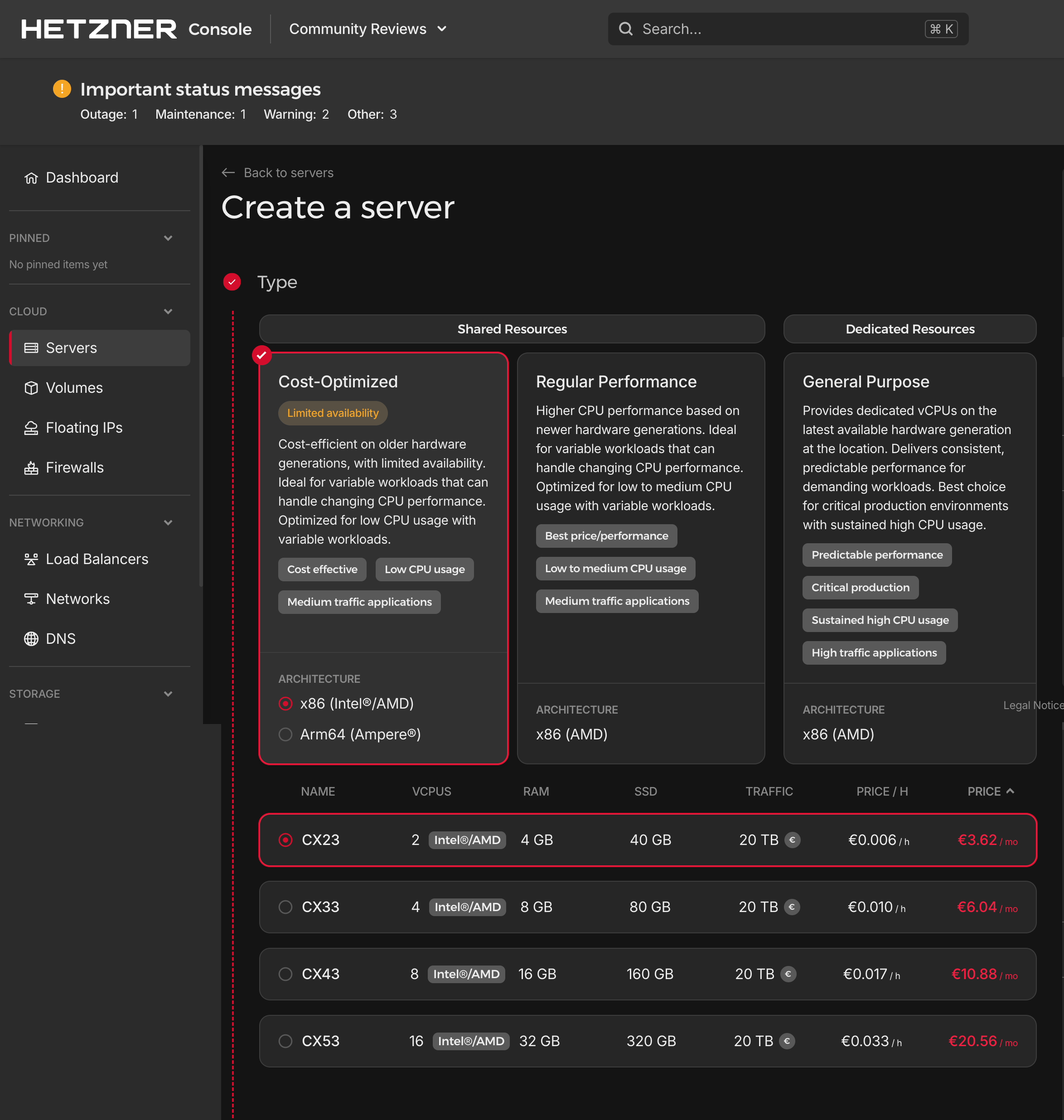 Screenshot: Plan selector showing CPX-series cards