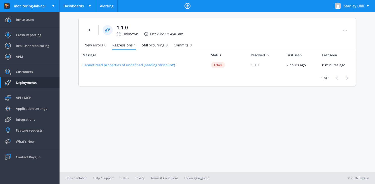Raygun deployment page with one regression