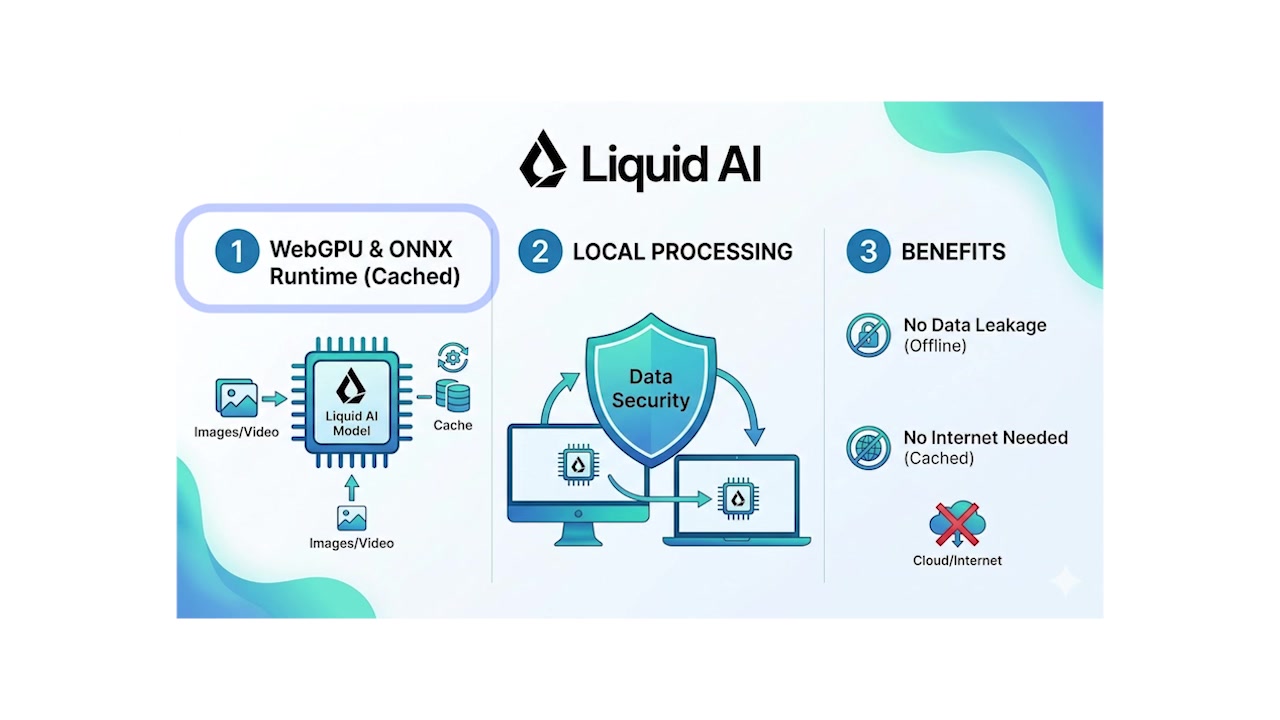 Infographic illustrating Liquid AI's on-device model, showing how WebGPU and the ONNX Runtime enable local processing for data security, offline capability, and cloud independence