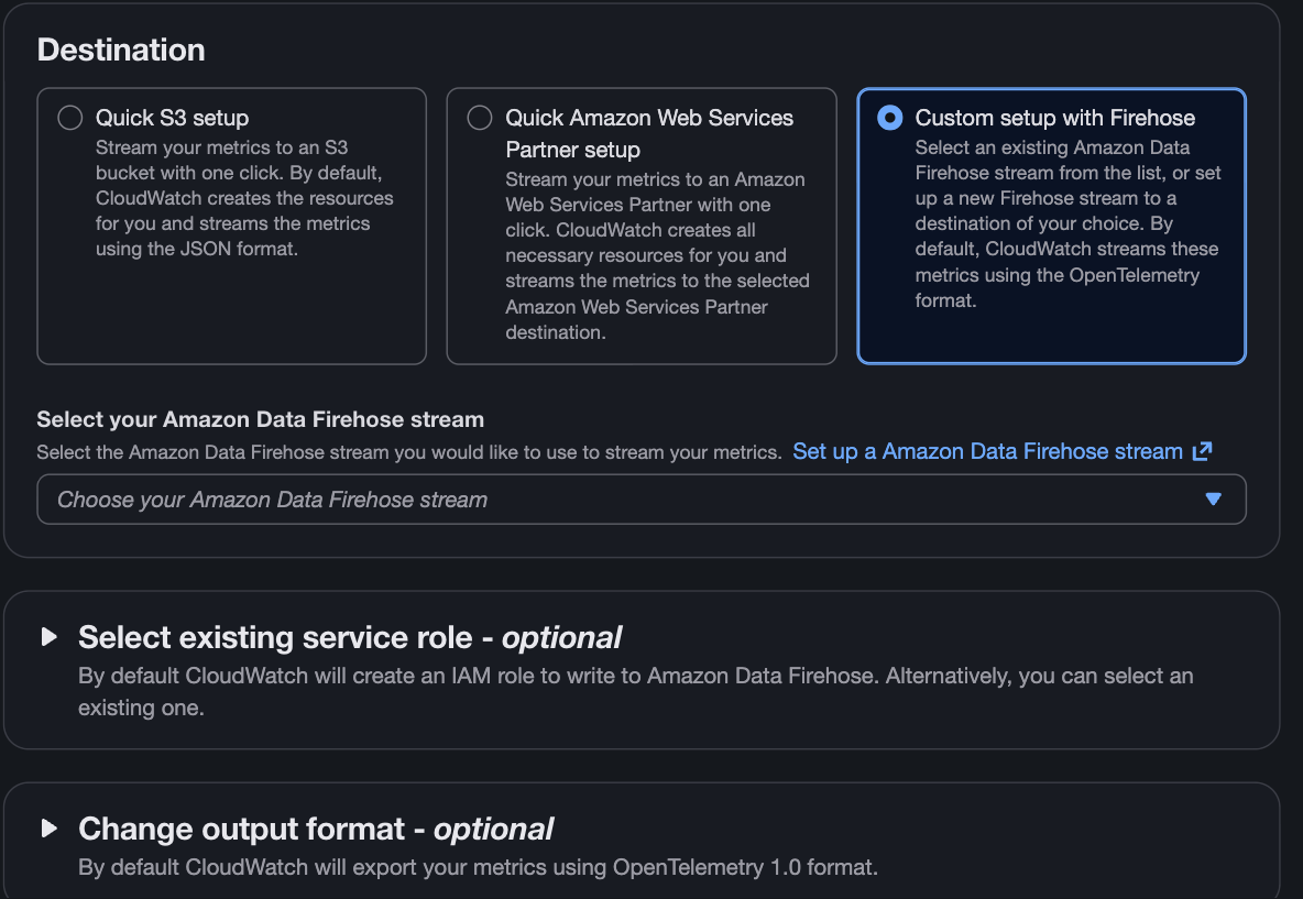 The Change output format section of the metric stream wizard, collapsed and defaulting to OpenTelemetry 1.0