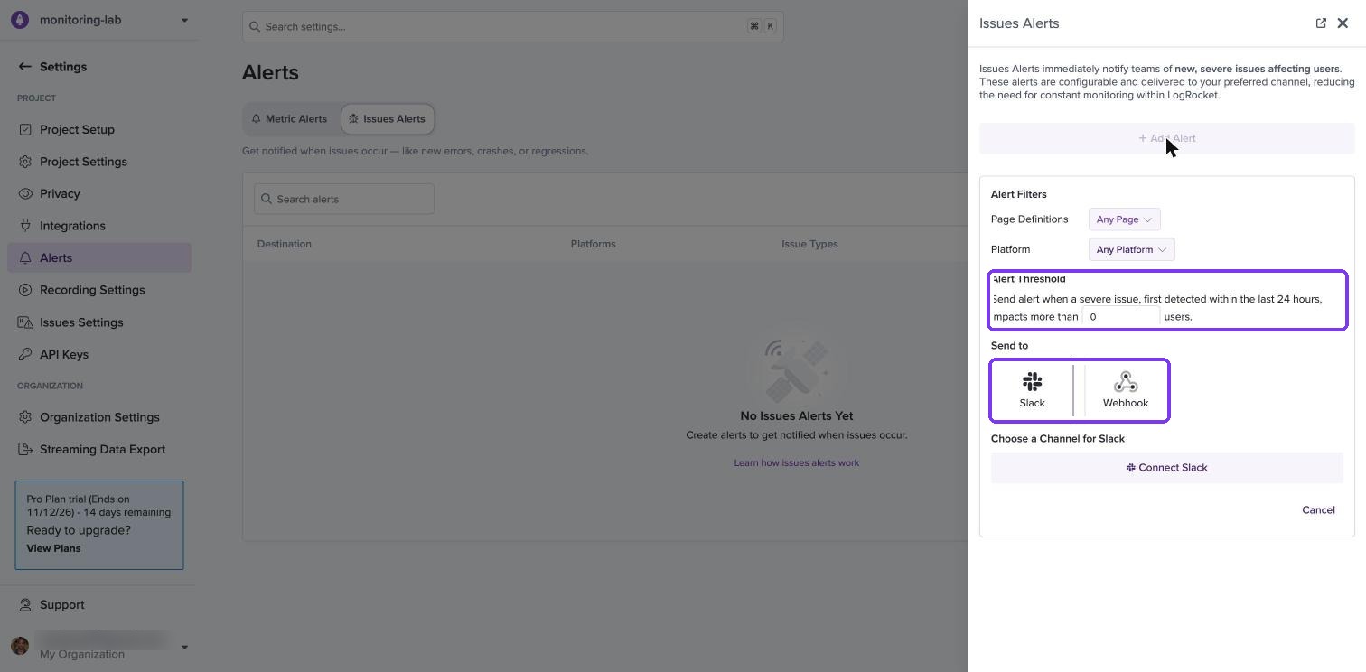 LogRocket Issue alert rule and destinations