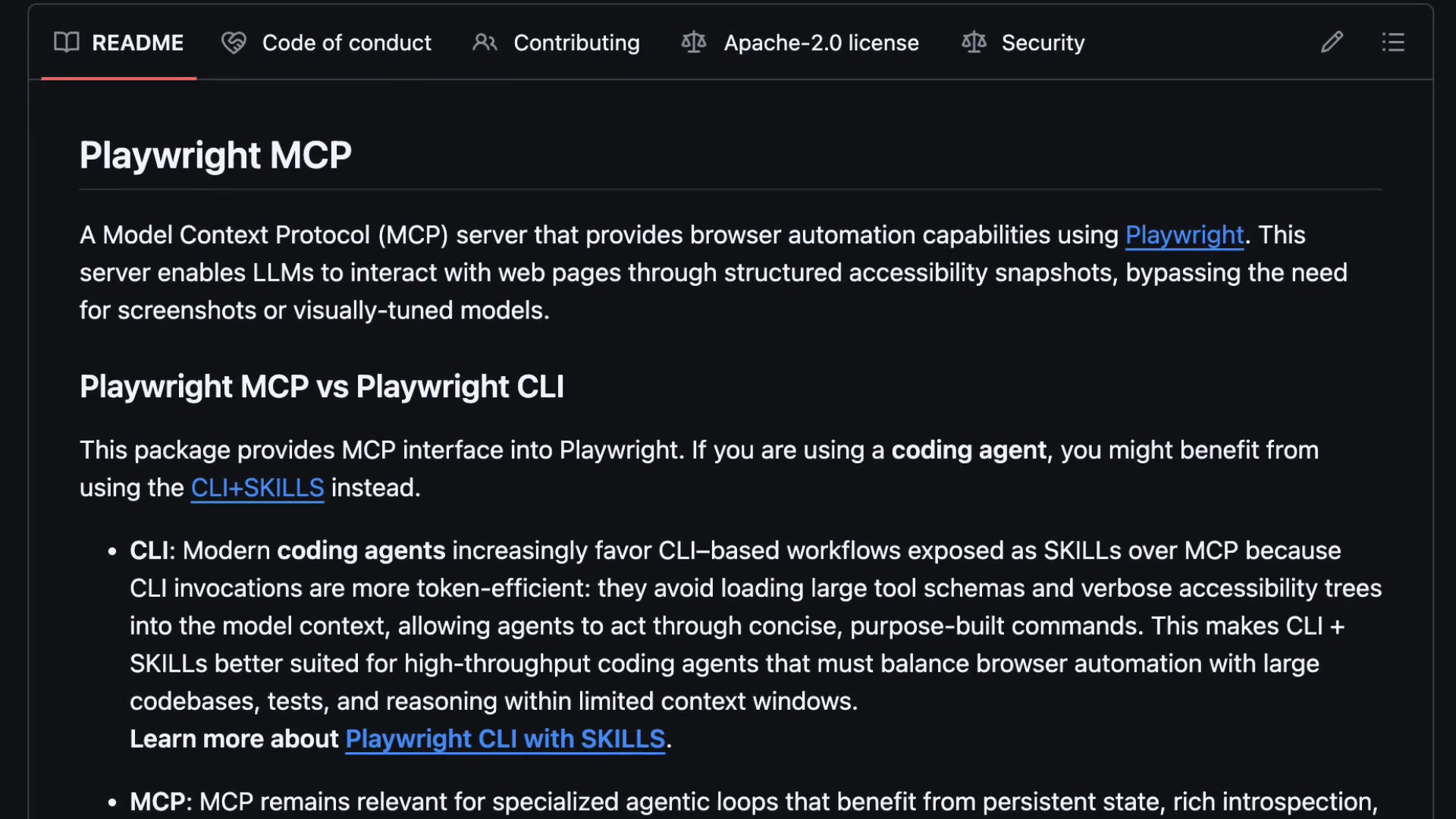 The official GitHub documentation for Playwright MCP, explaining its purpose as a server that enables LLMs to interact with web pages.