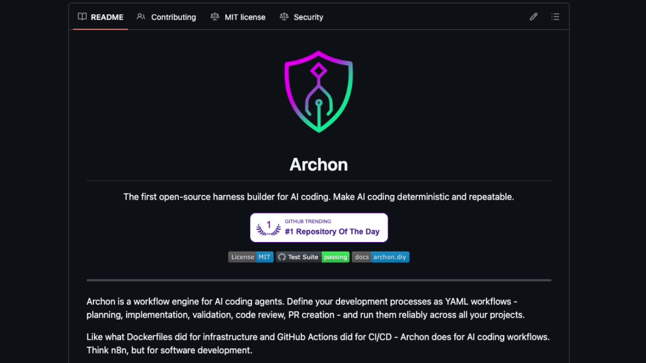 Official Archon GitHub page describing it as "The first open-source harness builder for AI coding. Make AI coding deterministic and repeatable."