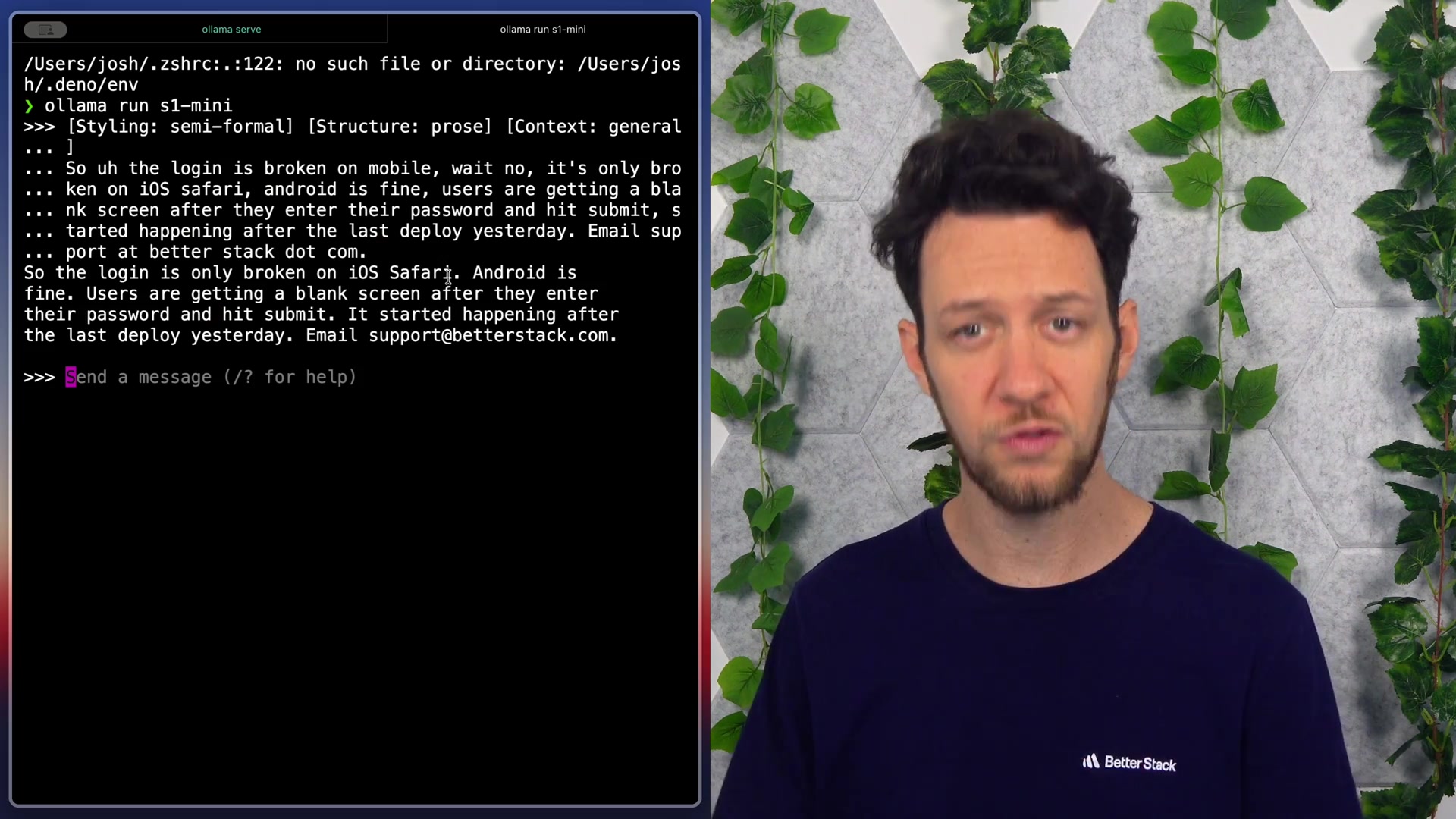 The terminal output showing the "before" and "after" text. The raw, messy input is at the top, and the perfectly cleaned and formatted output from S1-mini is shown directly below it.