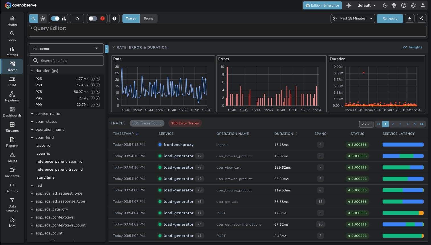 SCREENSHOT: OpenObserve trace waterfall view