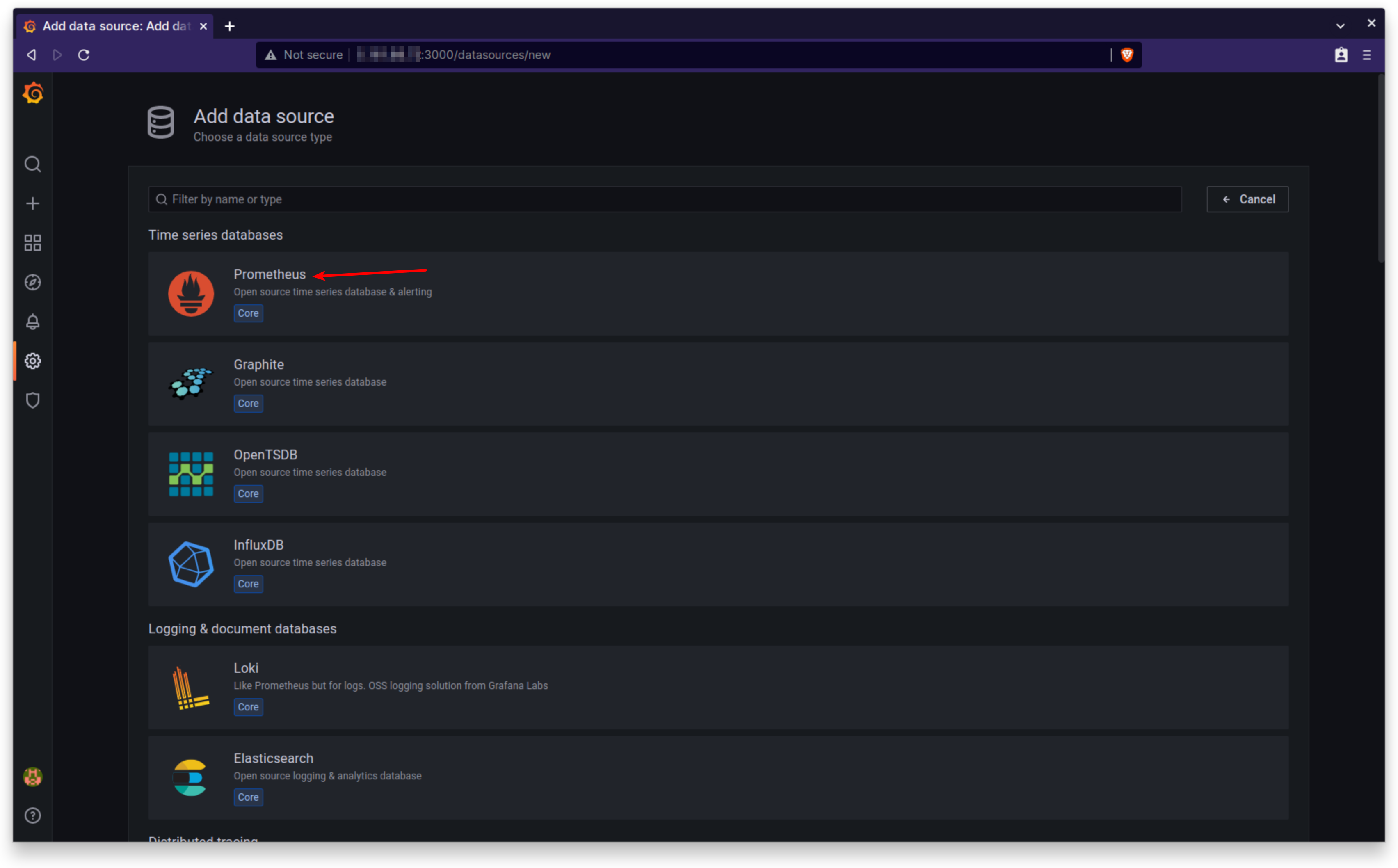 Grafana Data Sources Screen