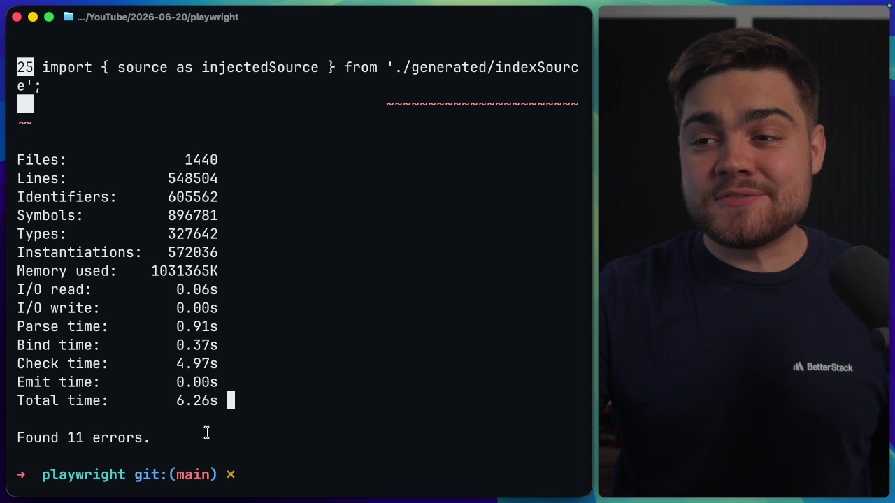 The terminal output after running the benchmark with TypeScript 6.0, showing a total time of 6.26s.