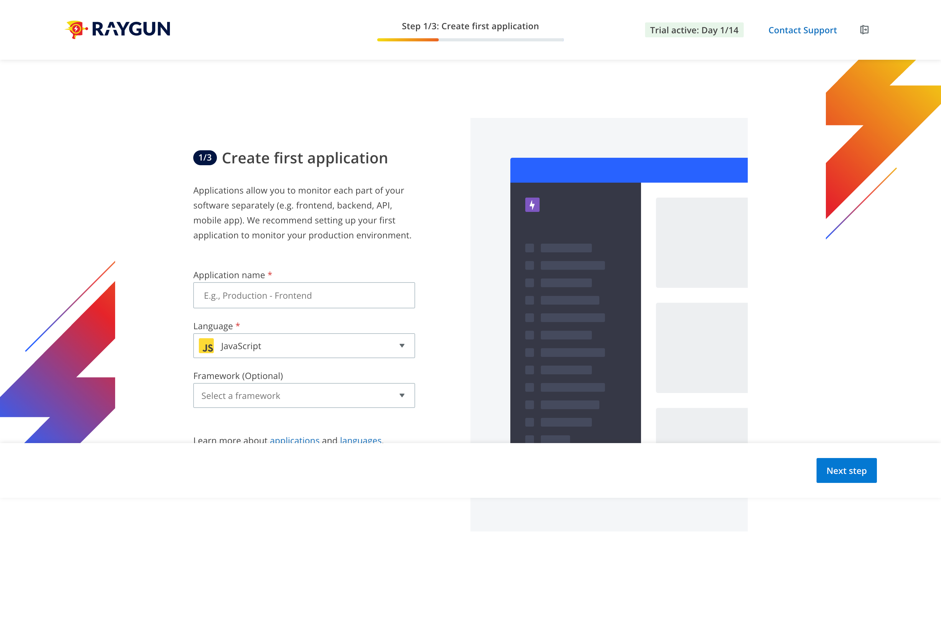 Raygun onboarding, step 1, creating the first application
