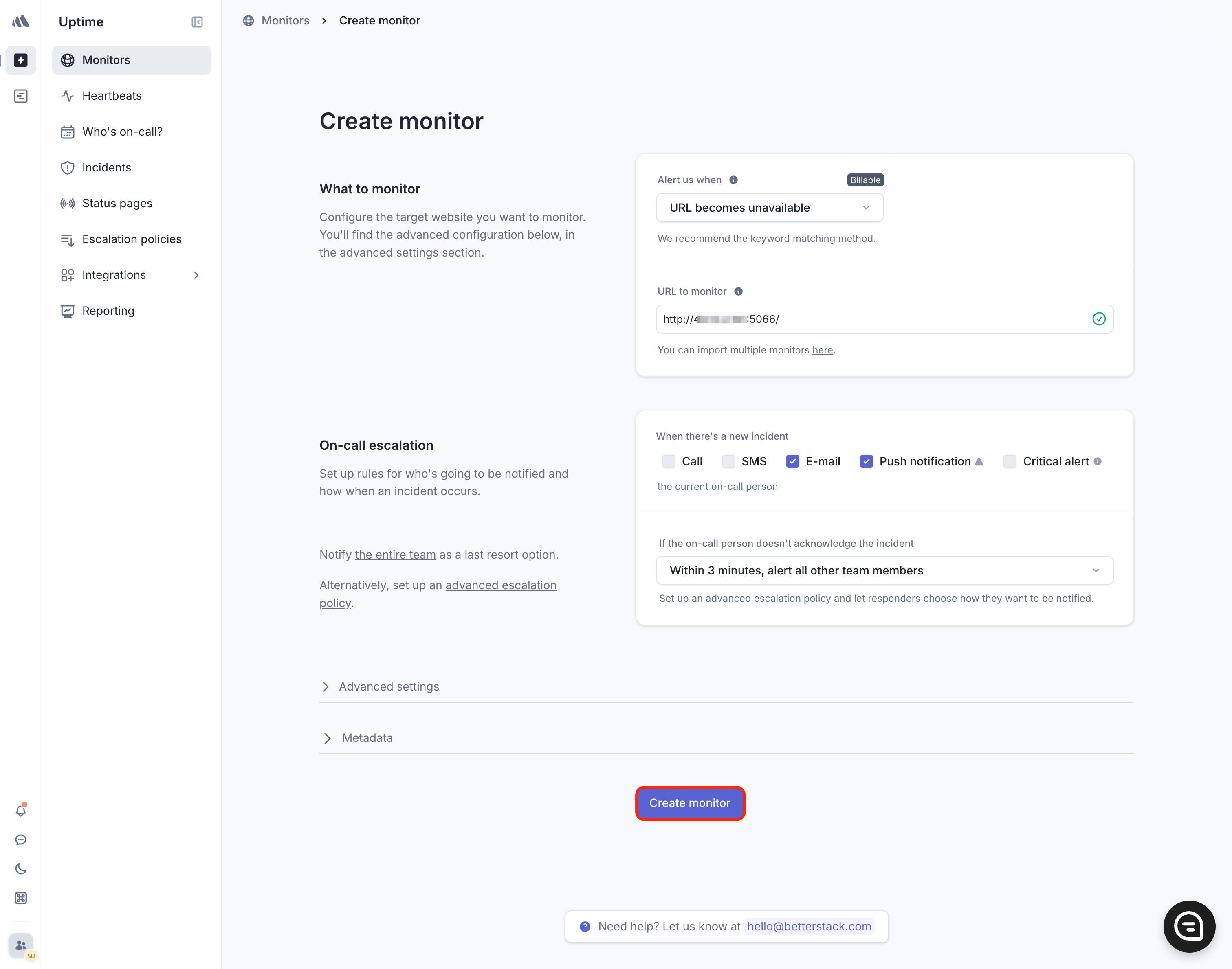 Screenshot of Better Stack configured with the necessary options