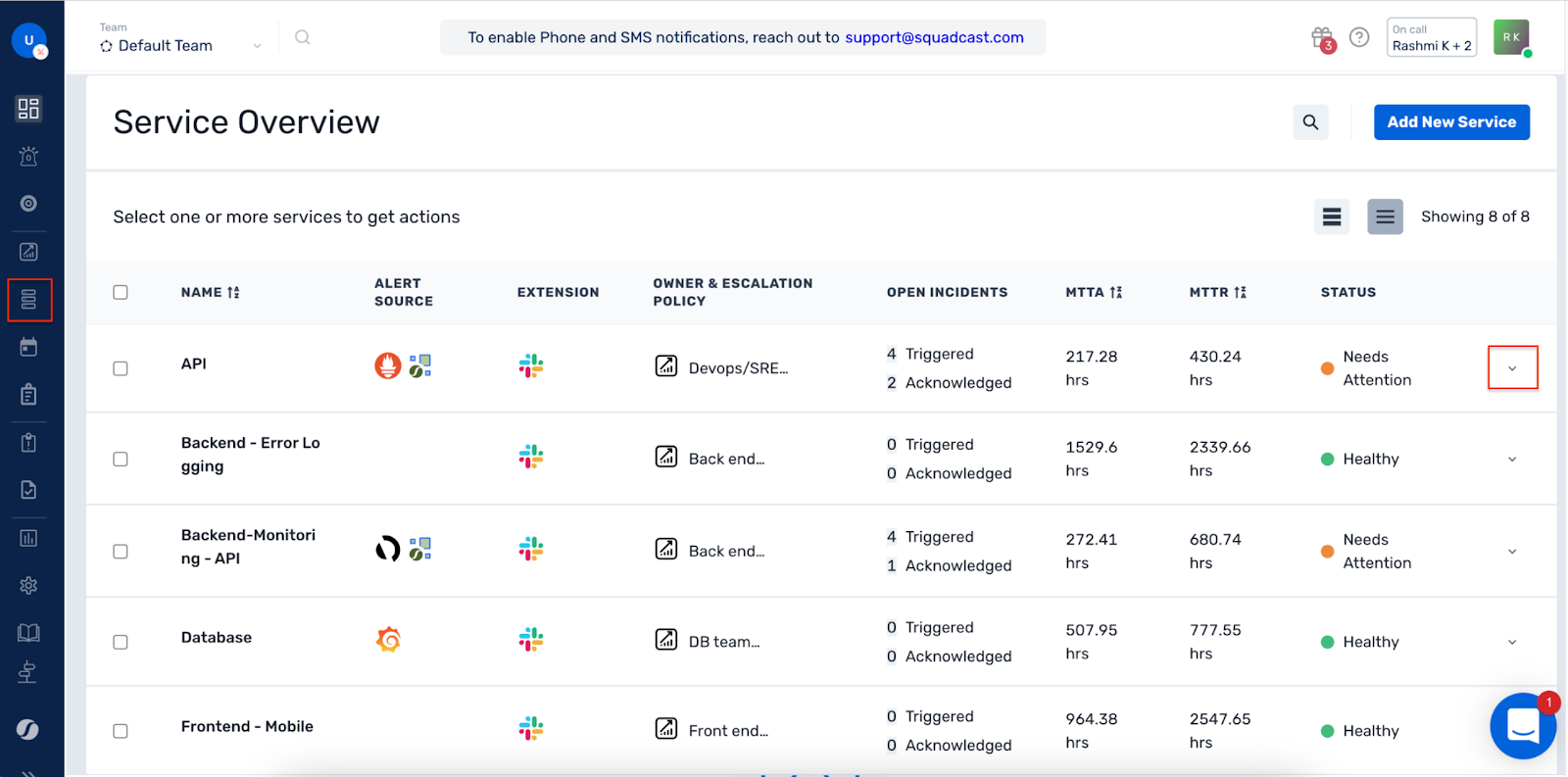 Screenshot of Squadcast dashboard