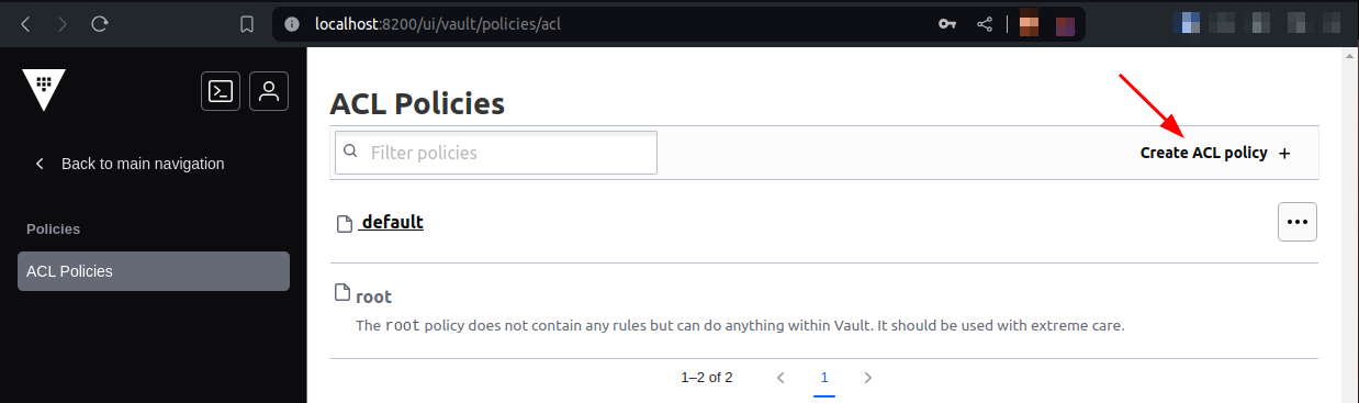 Vault policies menu option