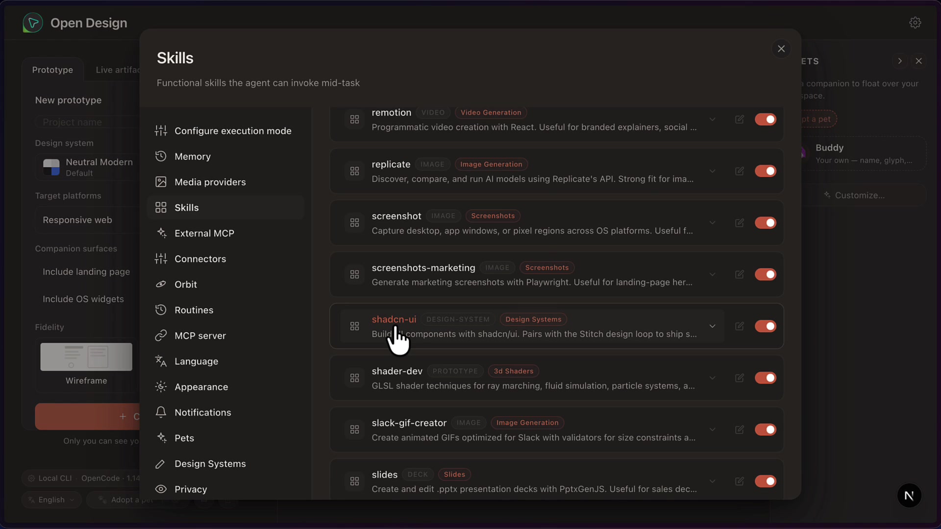 Skills configuration page showing toggleable skills including sora, threejs, theme-factory, and ui-skills