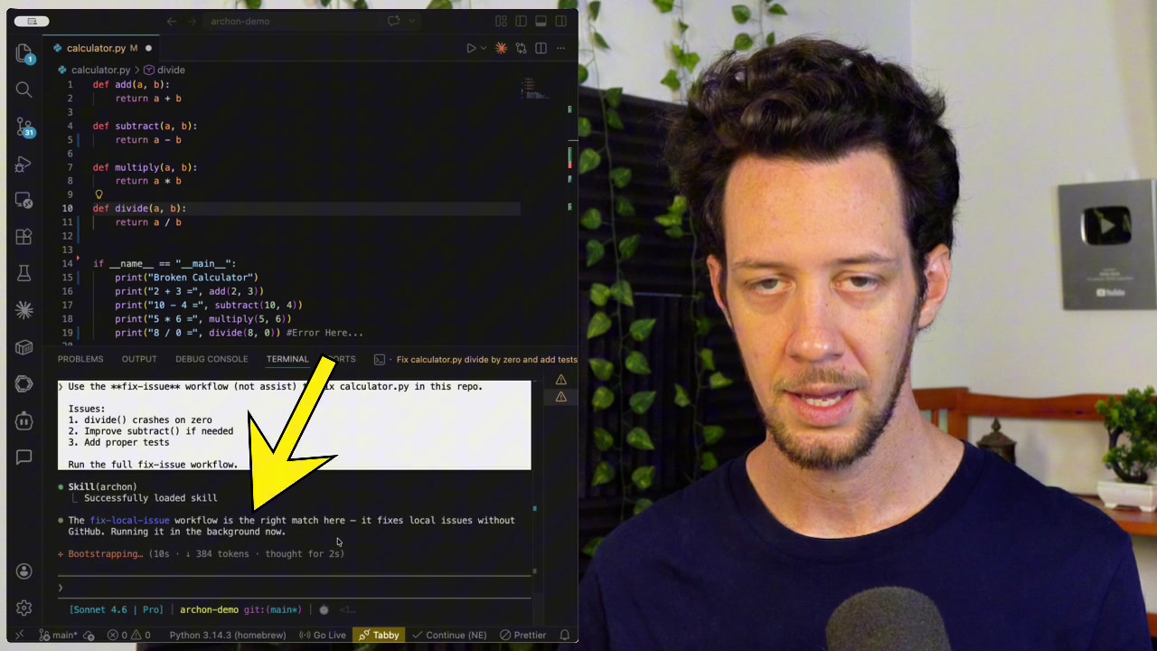 Terminal output showing the agent has identified that the fix-local-issue workflow is the right match and is loading the corresponding skill