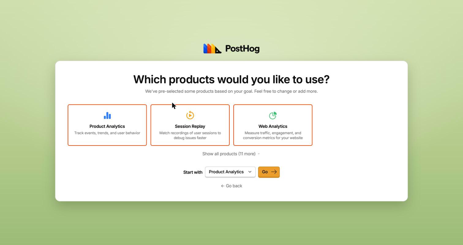 PostHog onboarding with Product Analytics, Session Replay and Web Analytics preselected