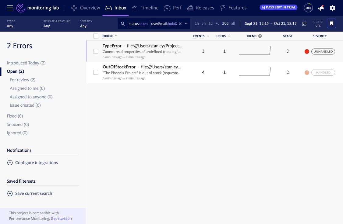 BugSnag inbox filtered to bob@example.com