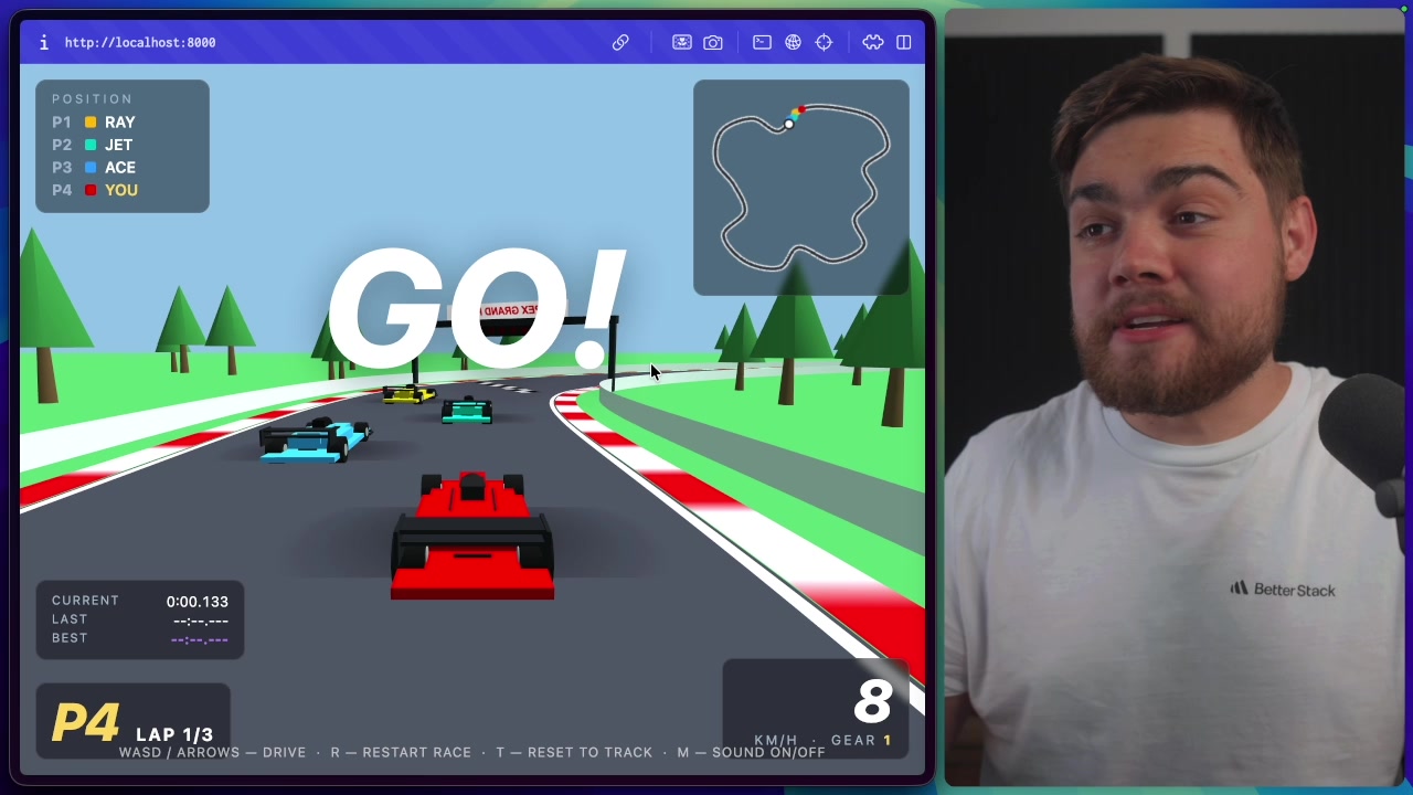 A screen recording of the finished 3D racing game created by Kimi K3, showing the car driving on the track with the HUD and minimap visible.