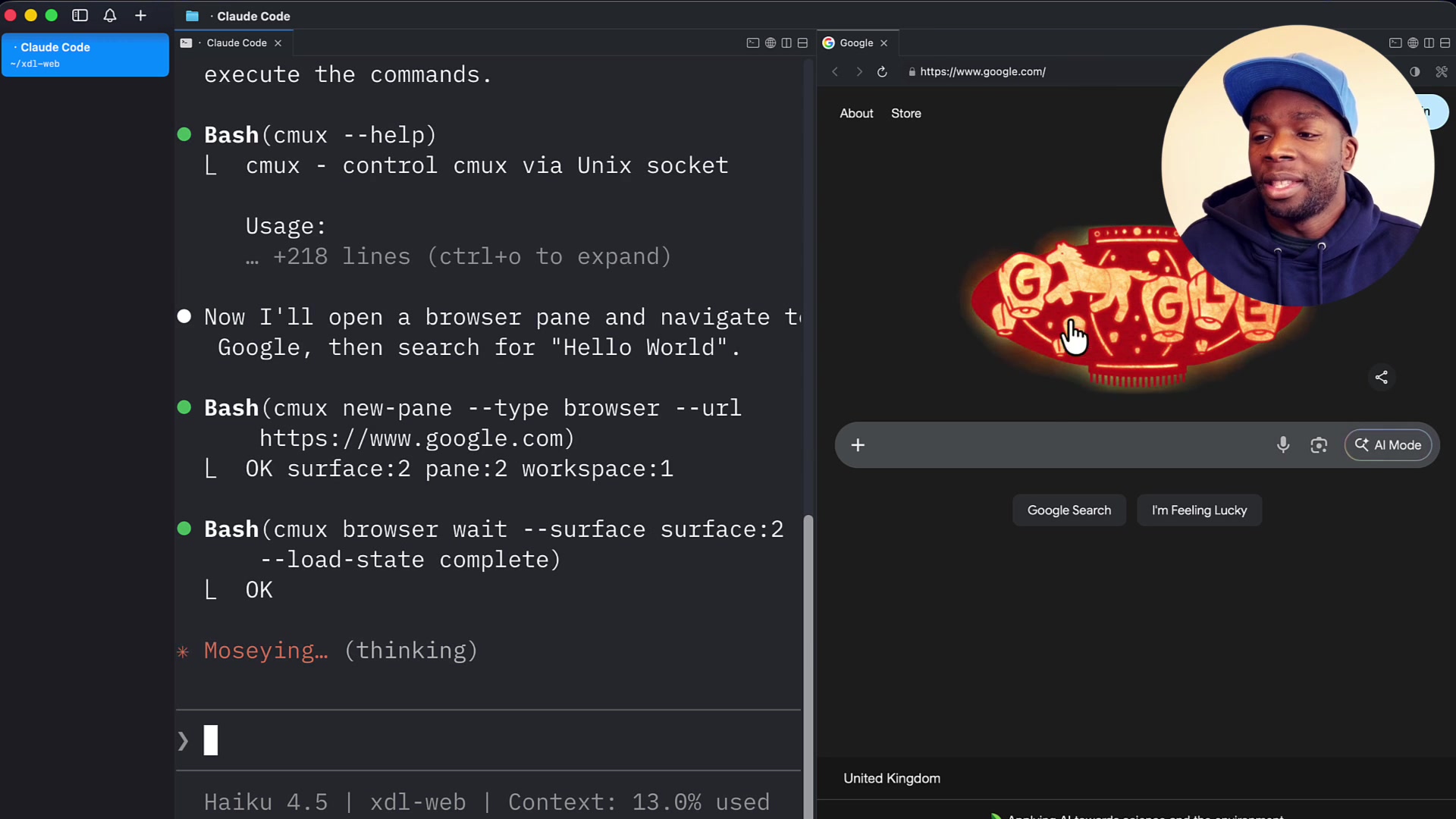 The screen is split, with the agent's commands on the left and a new pane with the Google homepage on the right.