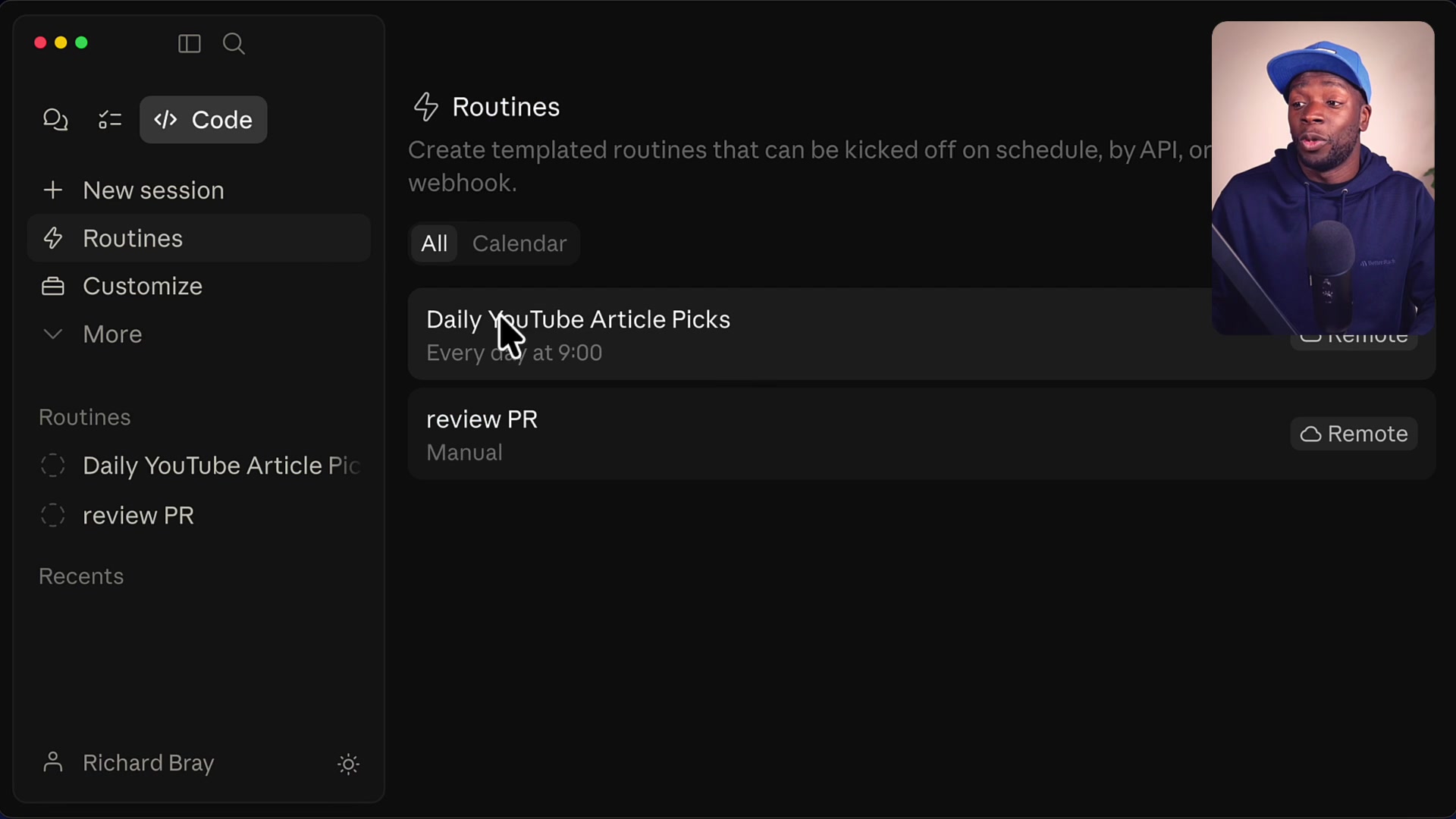 List of created routines including "Daily YouTube Article Picks" and "Review PR" visible in the sidebar