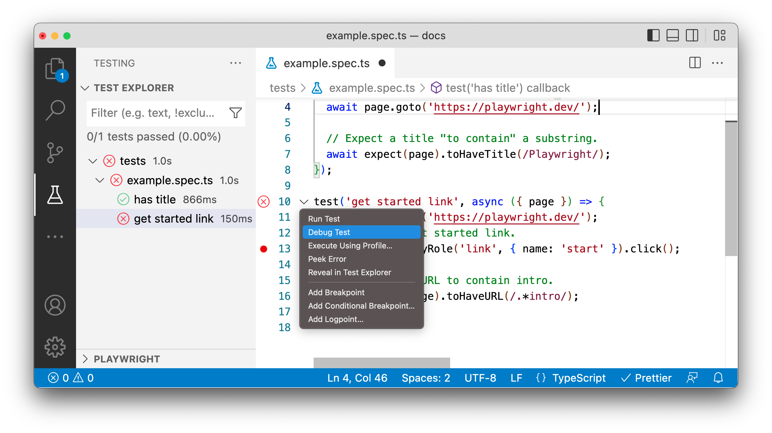 Screenshot of Playwright being debugged