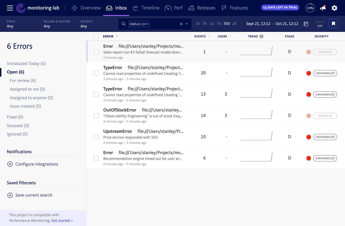 BugSnag inbox with six errors, handled and unhandled badges