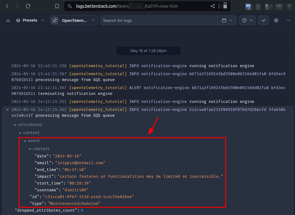 process message event context