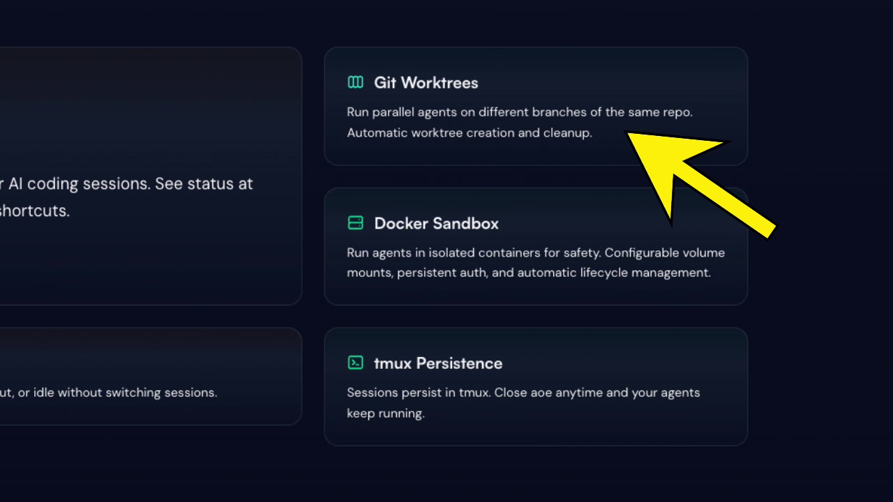 Website feature list highlighting "Git Worktrees" explaining that it runs parallel agents on different branches of the same repo